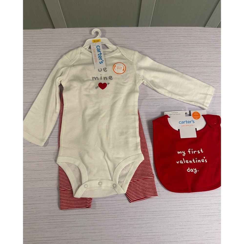 Carters Just One You Baby Valentine Day 3pc Set Be Mine Bodysuit Pants Bib 12M